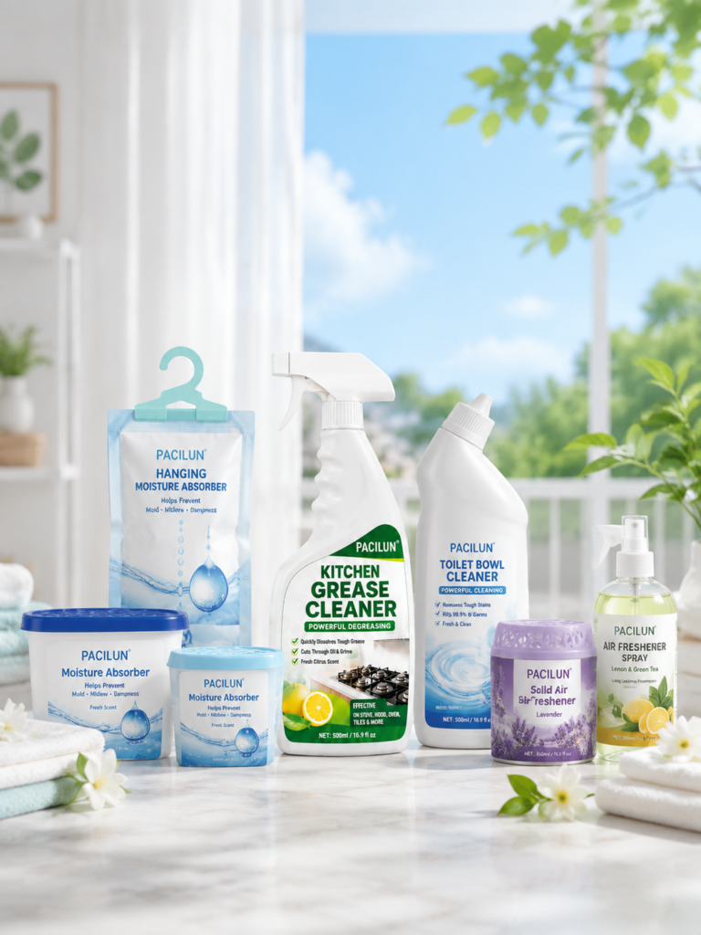 PACILUN household care products including moisture absorbers, air fresheners and cleaning products